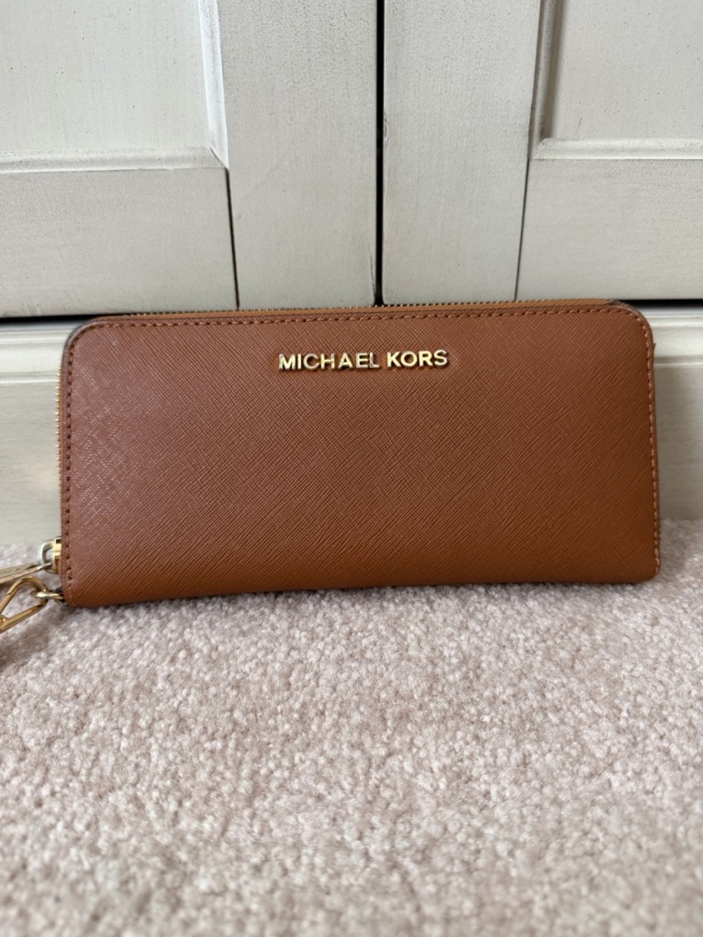 Michael Kors Tan Brown Saffiano Zip Wallet with Gold Logo